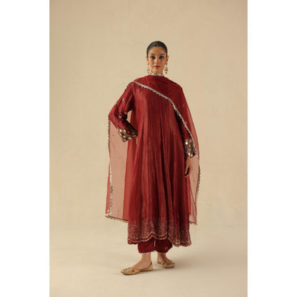 Begum Pret Maroon Afsana Kalidar Anarkali with Pant and Dupatta