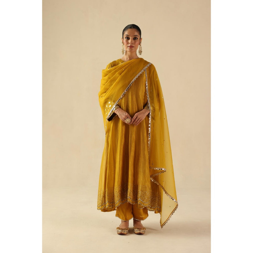 Begum Pret Yellow Afsana Kalidar Anarkali with Pant and Dupatta