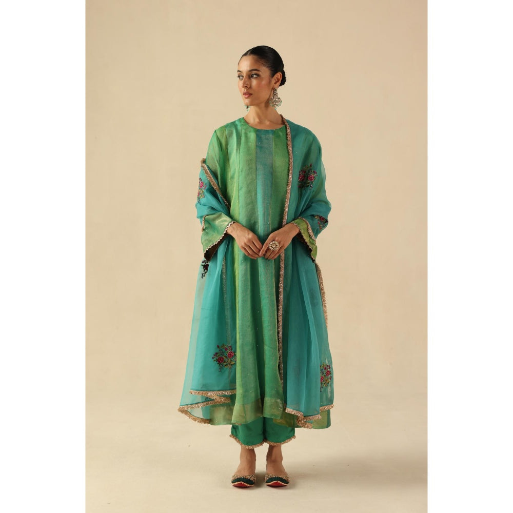 Begum Pret Green Rimjhim Anarkali with Pant and Dupatta