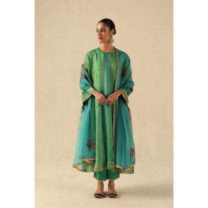Begum Pret Green Rimjhim Anarkali with Pant and Dupatta