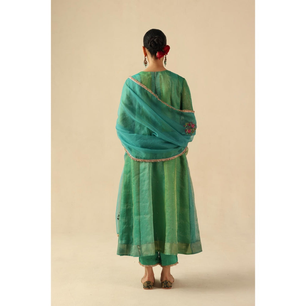 Begum Pret Green Rimjhim Anarkali with Pant and Dupatta