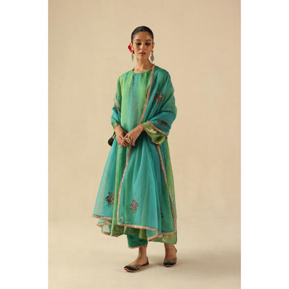 Begum Pret Green Rimjhim Anarkali with Pant and Dupatta