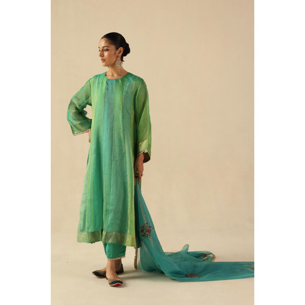 Begum Pret Green Rimjhim Anarkali with Pant and Dupatta