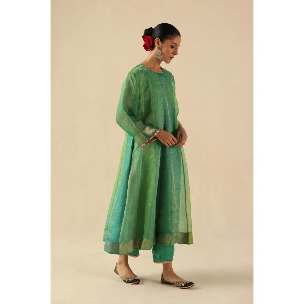 Begum Pret Green Rimjhim Anarkali with Pant and Dupatta