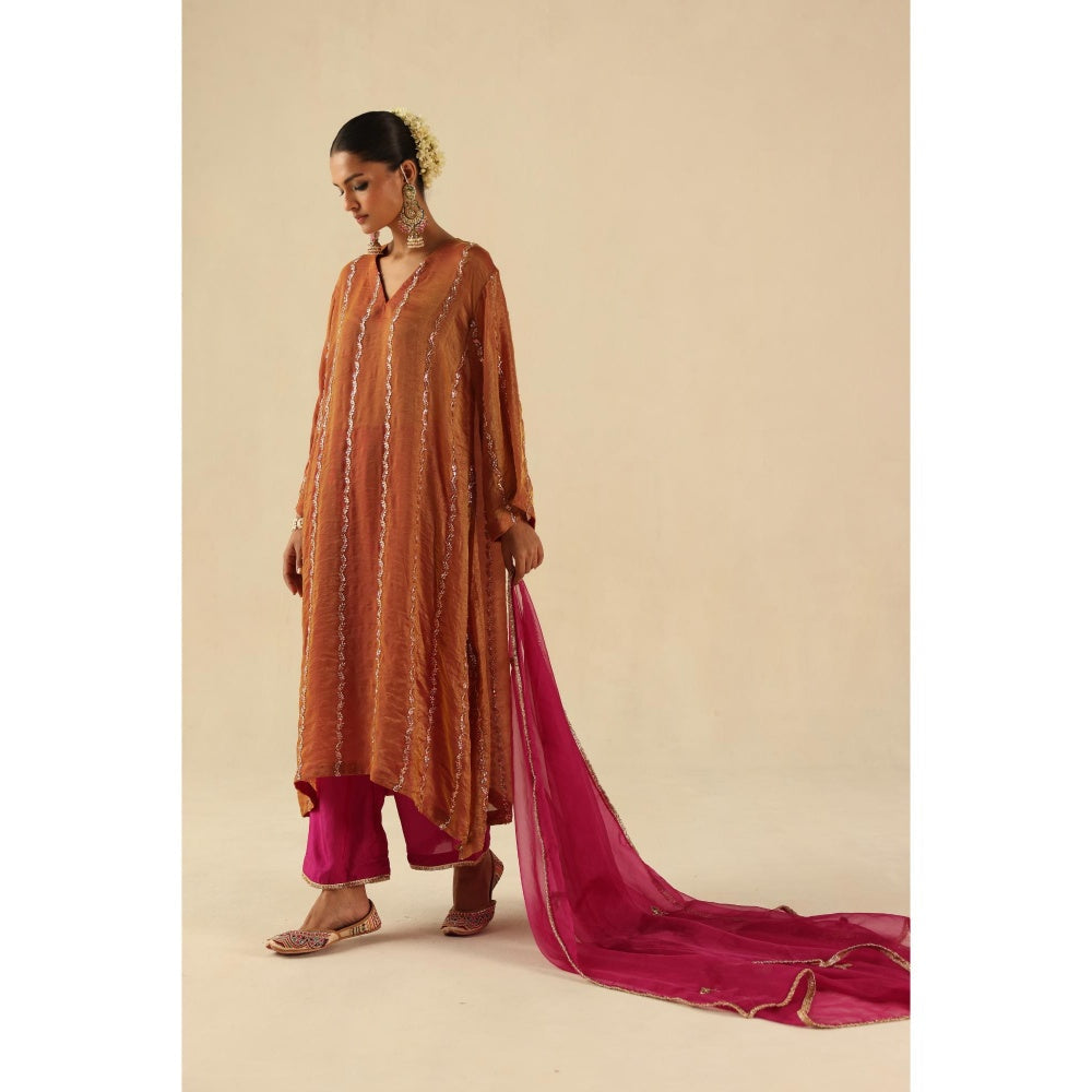 Begum Pret Rust Jhoomer Kurta with Pant and Dupatta