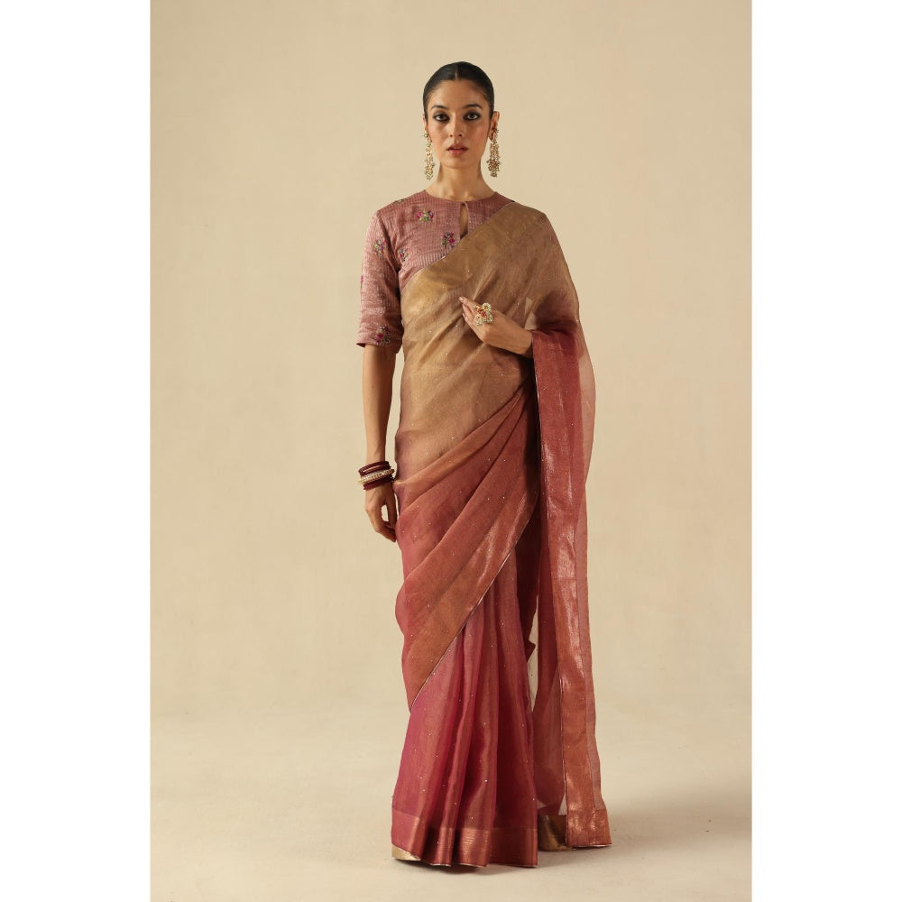 Begum Pret Peach Taj Gul Saree with Stitched Blouse