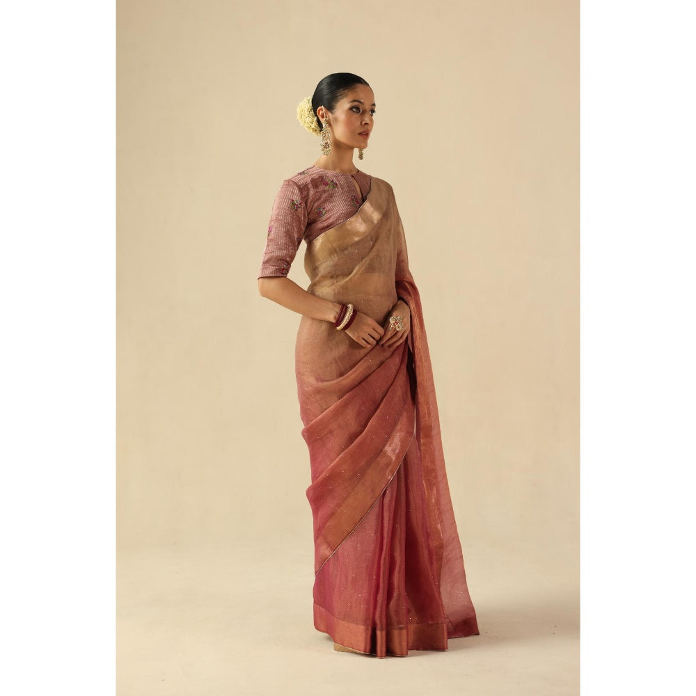 Begum Pret Peach Taj Gul Saree with Stitched Blouse