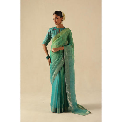 Begum Pret Turquoise Taj Gul Saree with Stitched Blouse