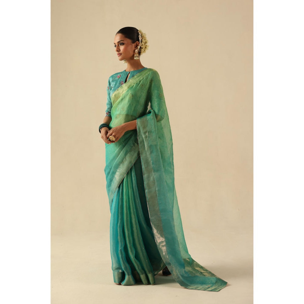 Begum Pret Turquoise Taj Gul Saree with Stitched Blouse