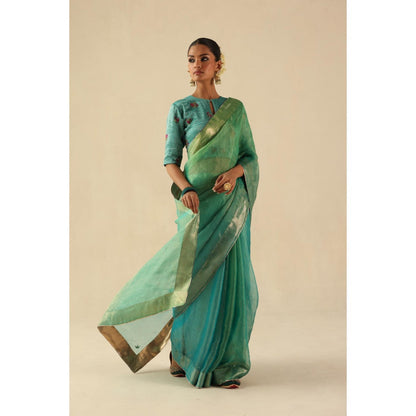 Begum Pret Turquoise Taj Gul Saree with Stitched Blouse