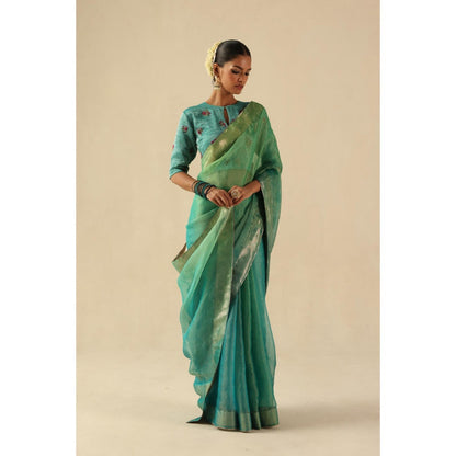 Begum Pret Turquoise Taj Gul Saree with Stitched Blouse