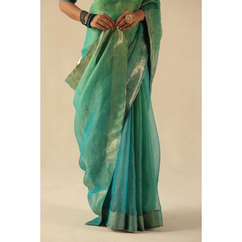Begum Pret Turquoise Taj Gul Saree with Stitched Blouse