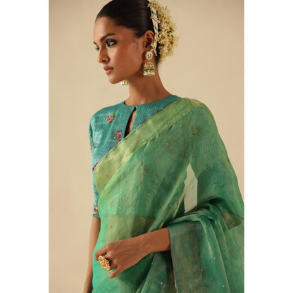Begum Pret Turquoise Taj Gul Saree with Stitched Blouse