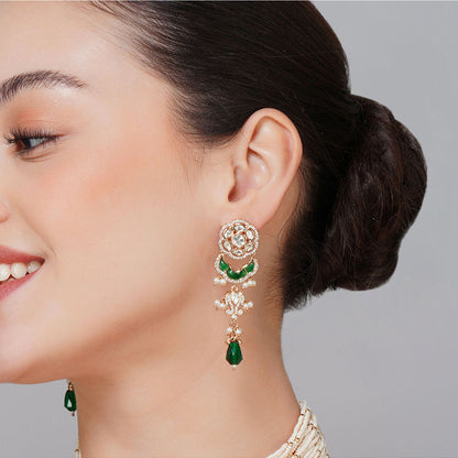 Beryachi Multi-Color Gold Finish Kundan Polki Pearl Necklace & Earrings Set