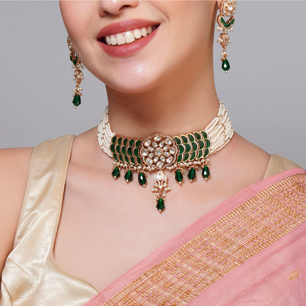 Beryachi Multi-Color Gold Finish Kundan Polki Pearl Necklace & Earrings Set
