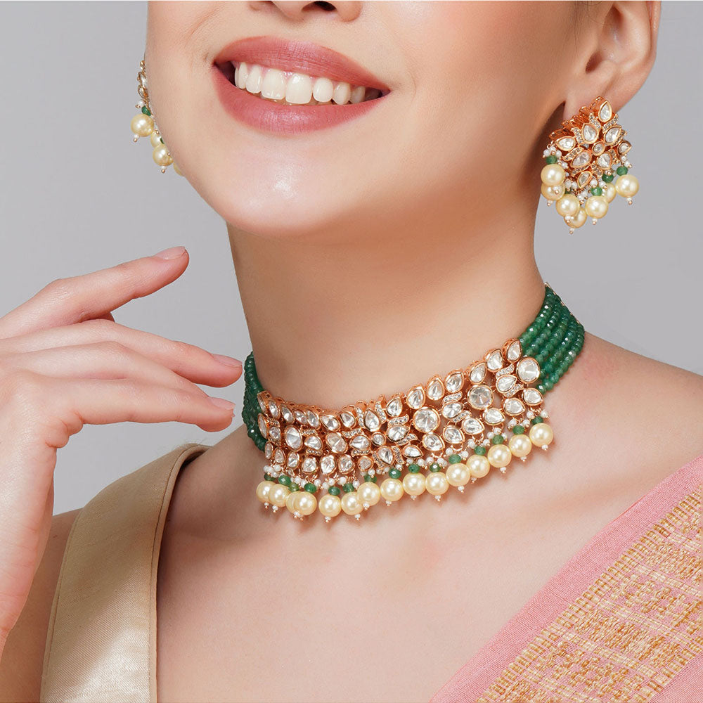 Beryachi Multi-Color Latika Emerald Green White Polki Kundan Choker & Earrings Set