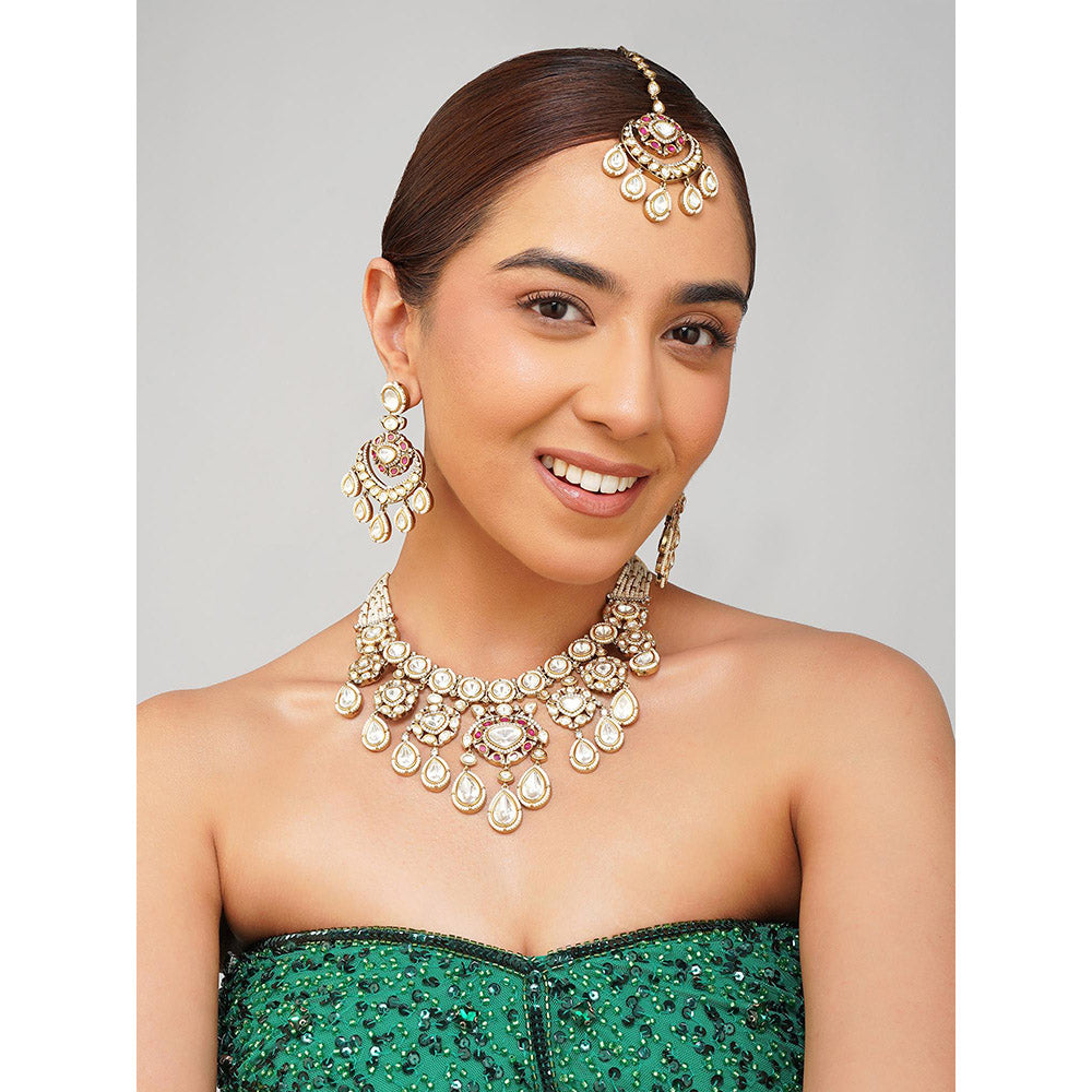 Beryachi Pink Inaya Kundan Polki Necklace with Earrings & Maangtikka