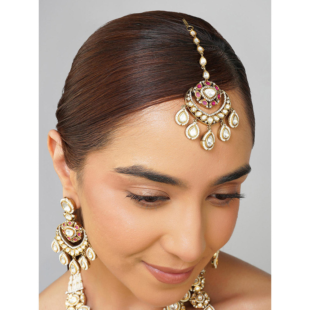 Beryachi Pink Inaya Kundan Polki Necklace with Earrings & Maangtikka