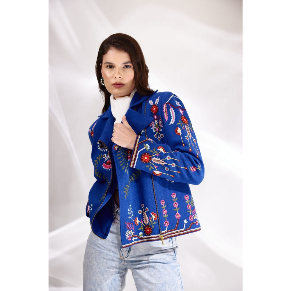 BETRUE Royal Blue Embroidered Relaxed Biker in Handloom Herringbone Cotton