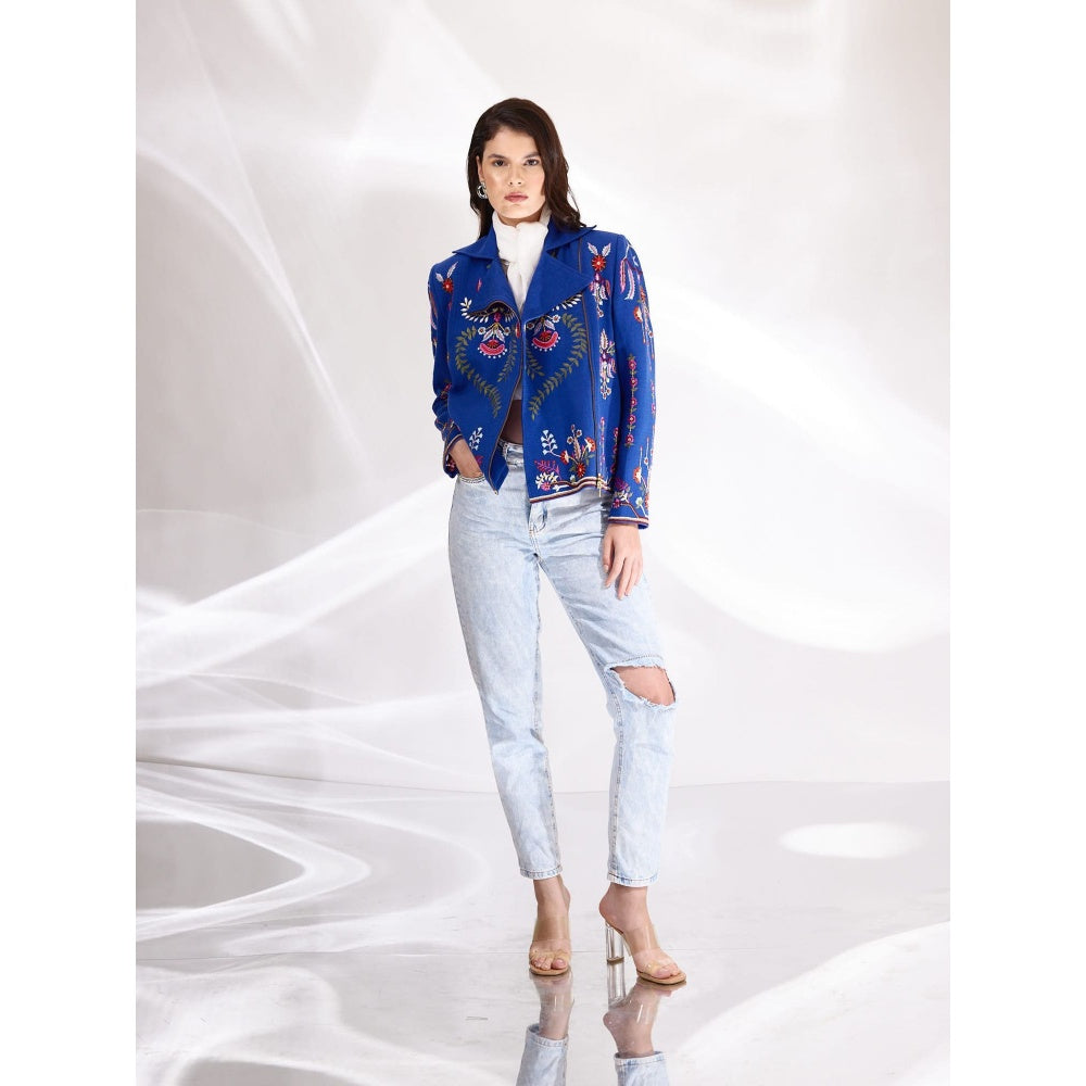 BETRUE Royal Blue Embroidered Relaxed Biker in Handloom Herringbone Cotton