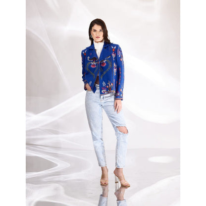 BETRUE Royal Blue Embroidered Relaxed Biker in Handloom Herringbone Cotton
