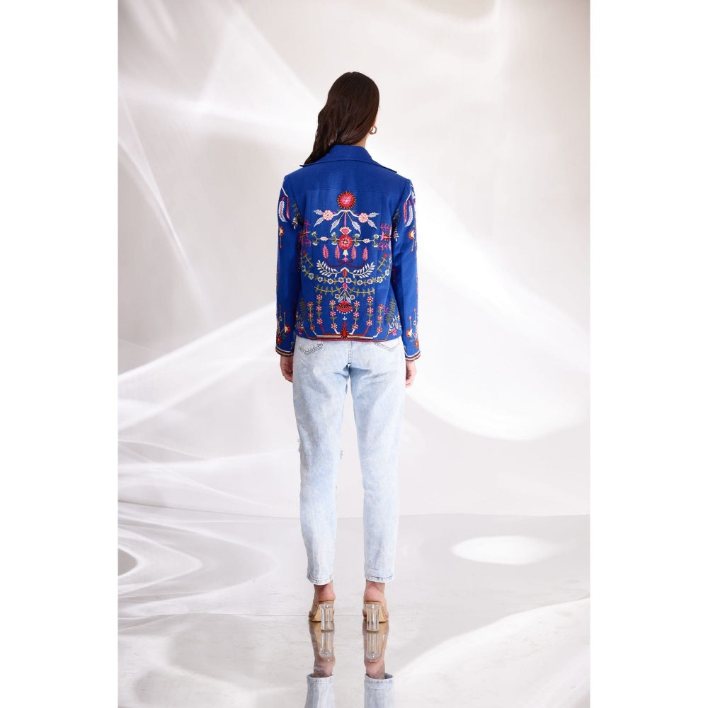 BETRUE Royal Blue Embroidered Relaxed Biker in Handloom Herringbone Cotton