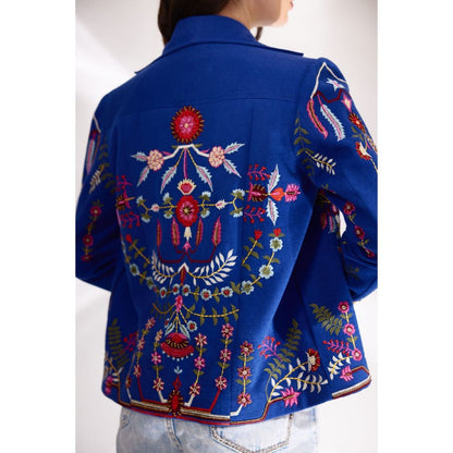BETRUE Royal Blue Embroidered Relaxed Biker in Handloom Herringbone Cotton