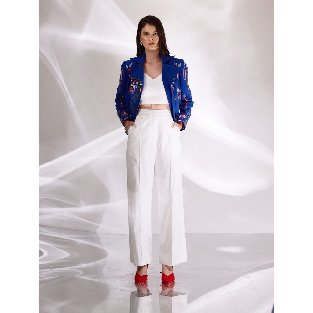 BETRUE Royal Blue Embroidered Relaxed Biker in Handloom Herringbone Cotton