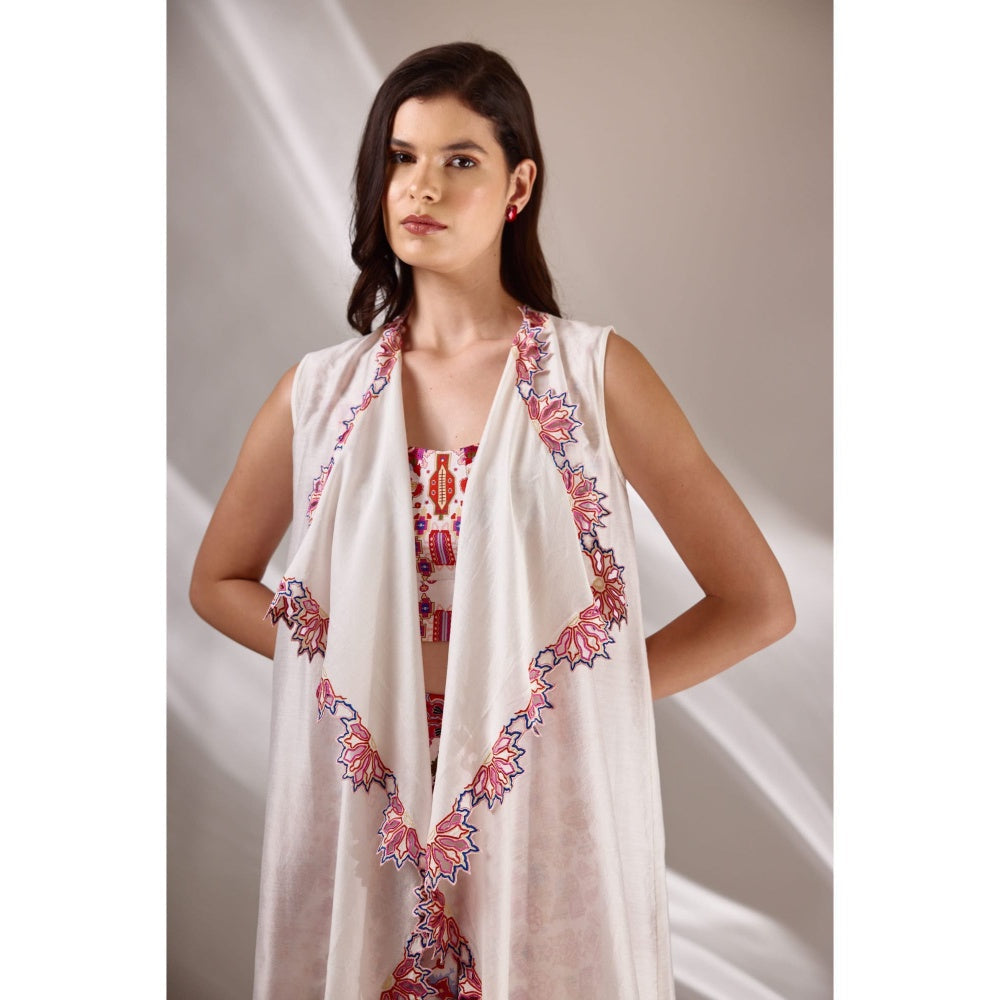 BETRUE White Chanderi Silk Long Embroidered Cape Jacket