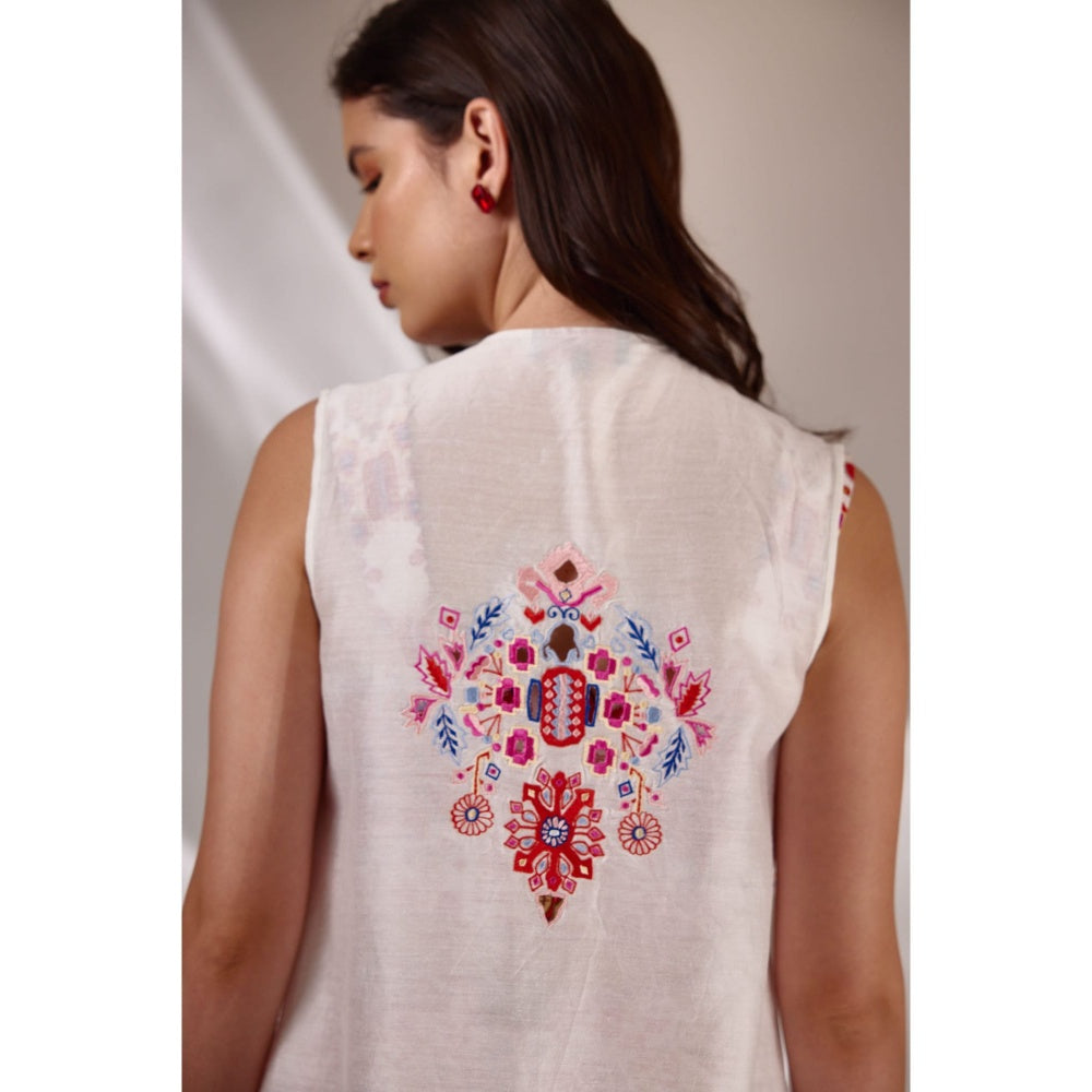 BETRUE White Chanderi Silk Long Embroidered Cape Jacket