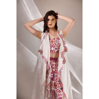 BETRUE White Chanderi Silk Long Embroidered Cape Jacket