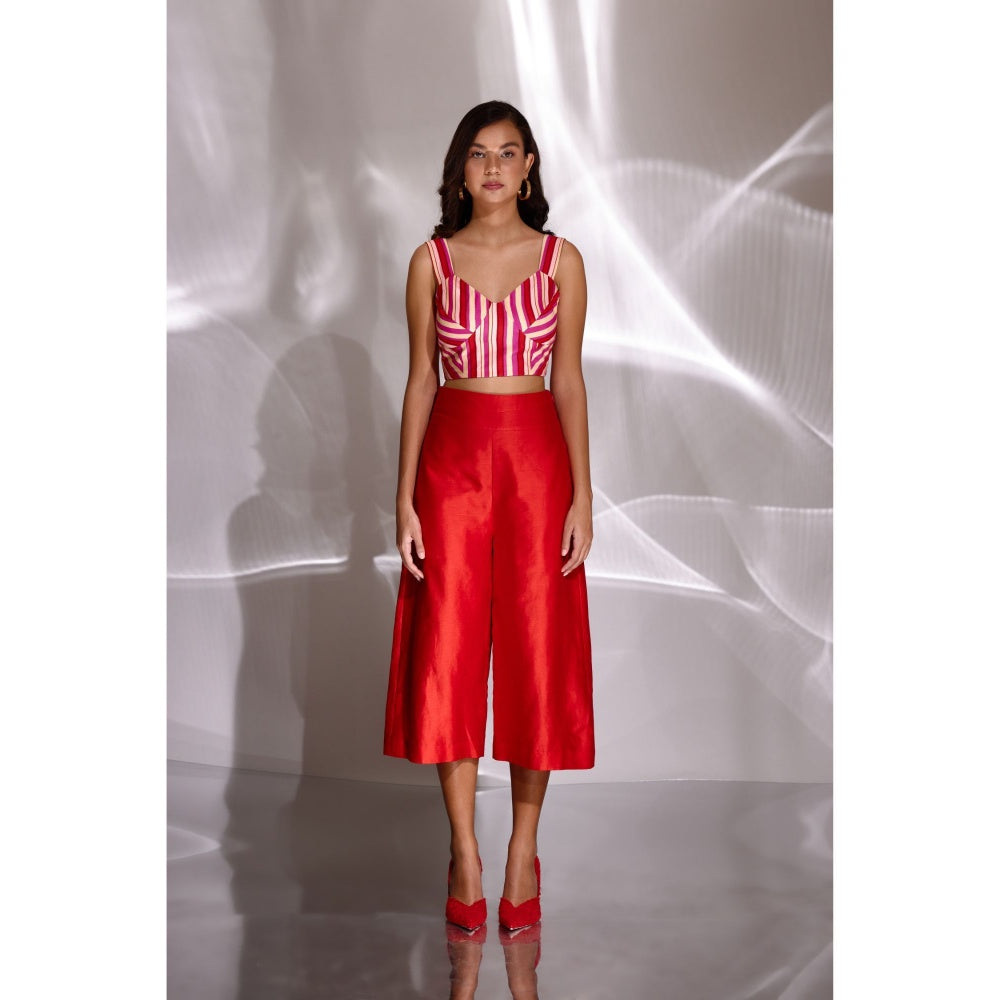 BETRUE Red Chanderi Silk Wide Leg Culottes