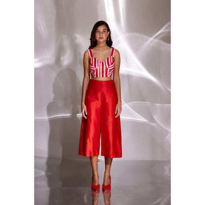 BETRUE Red Chanderi Silk Wide Leg Culottes