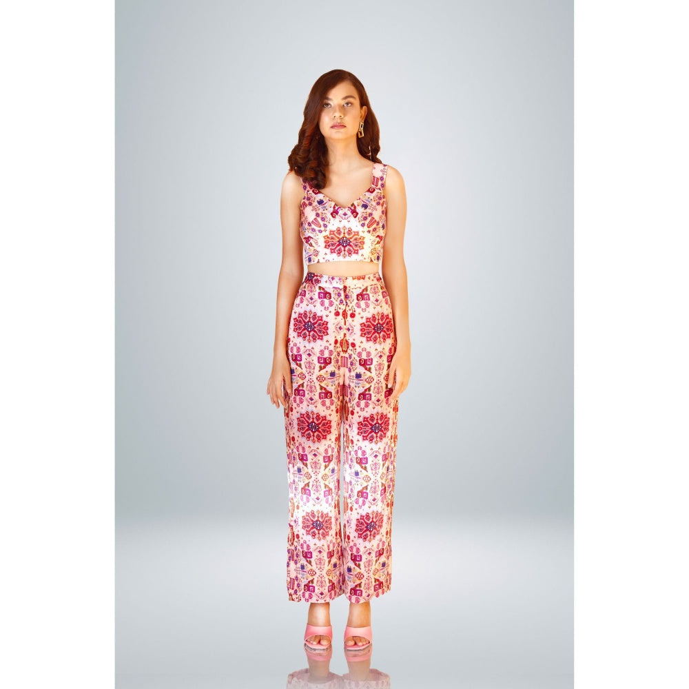 BETRUE Pink Kashan Print Silk Wide Leg High Waist Pants