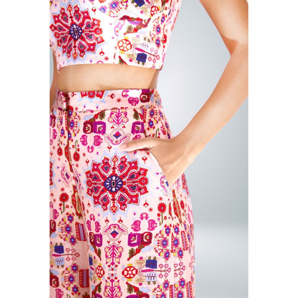 BETRUE Pink Kashan Print Silk Wide Leg High Waist Pants