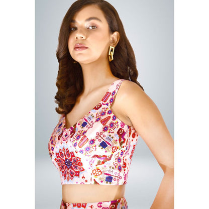 BETRUE Pink Kashan Print Silk Wide Leg High Waist Pants