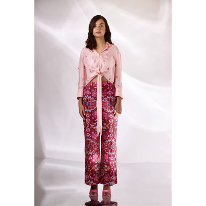 BETRUE Peach Silk Embroidered Knotted Shirt