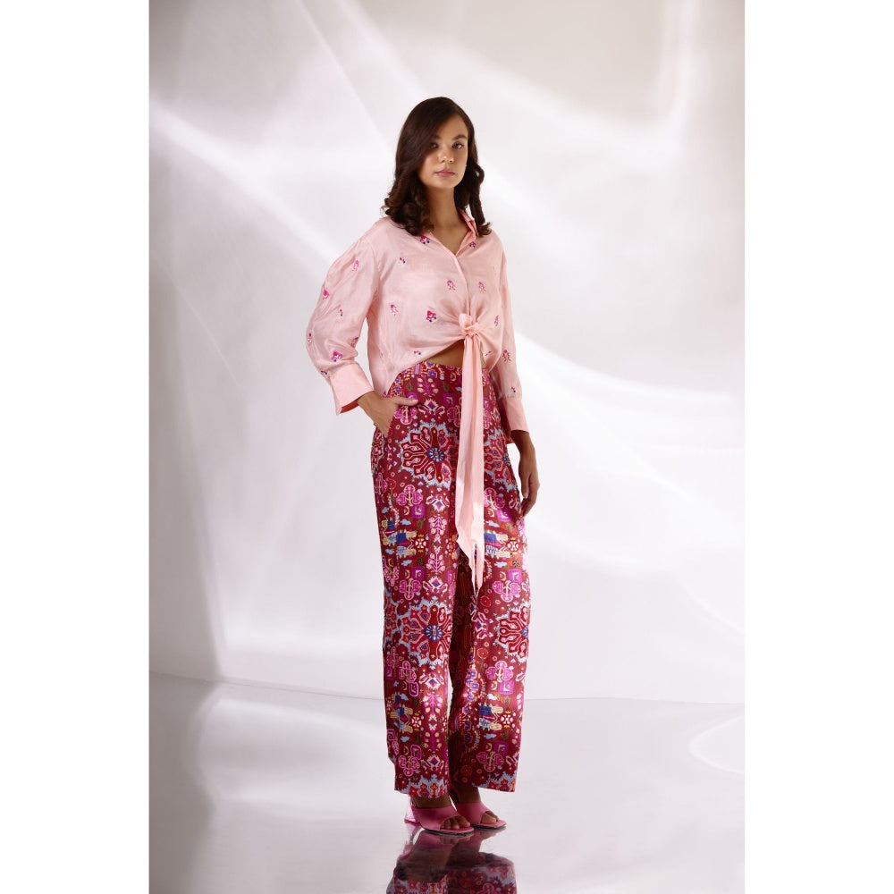 BETRUE Peach Silk Embroidered Knotted Shirt