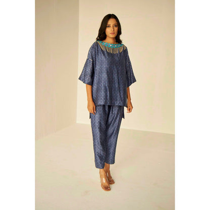 BETRUE Samarkand Boat Neck Embroidered Shibori Top and Pants Set (Set of 2)