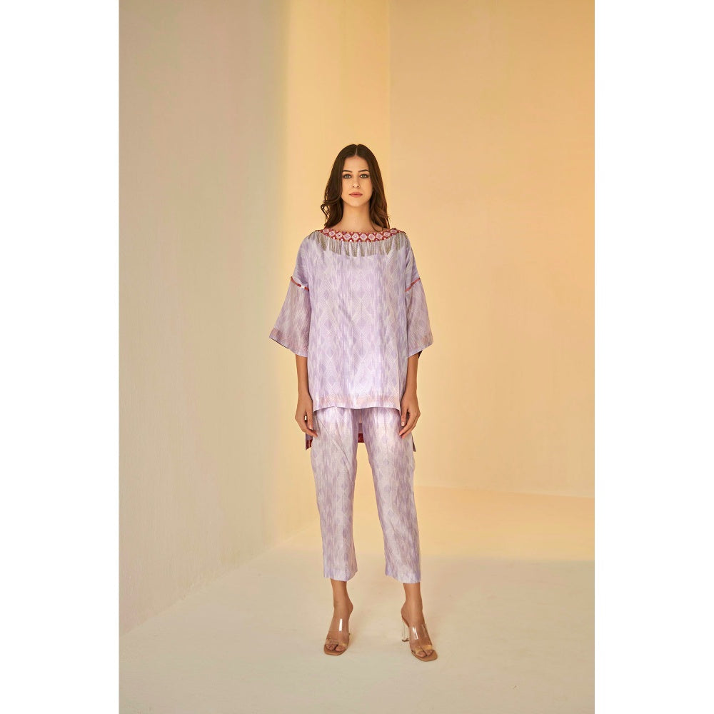 BETRUE Lilac- Samarkand Boat Neck Embroidered Shibori Top and Pants Set (Set of 2)