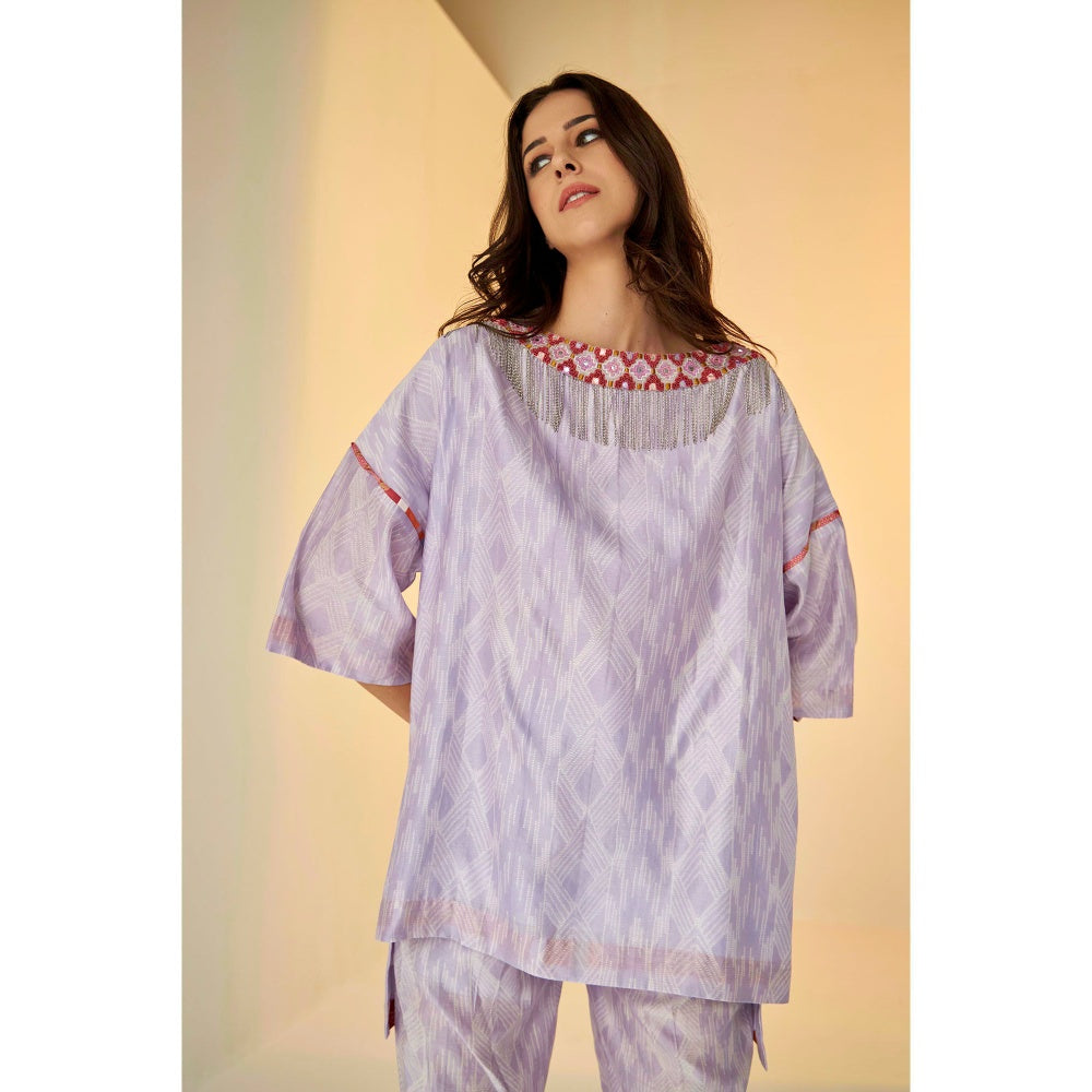BETRUE Lilac- Samarkand Boat Neck Embroidered Shibori Top and Pants Set (Set of 2)