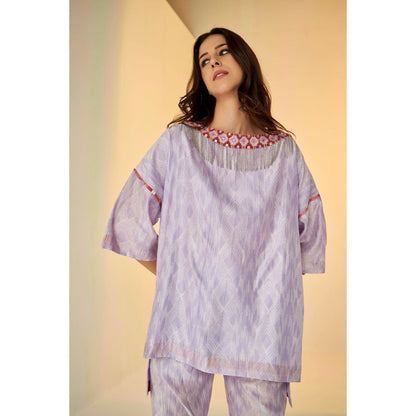 BETRUE Lilac- Samarkand Boat Neck Embroidered Shibori Top and Pants Set (Set of 2)