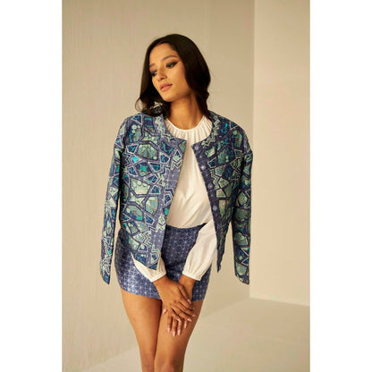 BETRUE Short Appliqu Embroidered Jacket, Skirt and White Gathered Blouse Set (Set of 3)