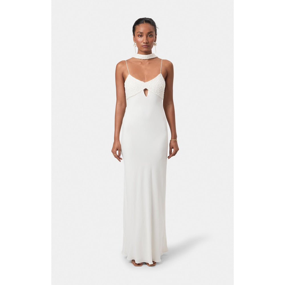 BEYOND Womens Viscose Sequined White Dress With Scarf