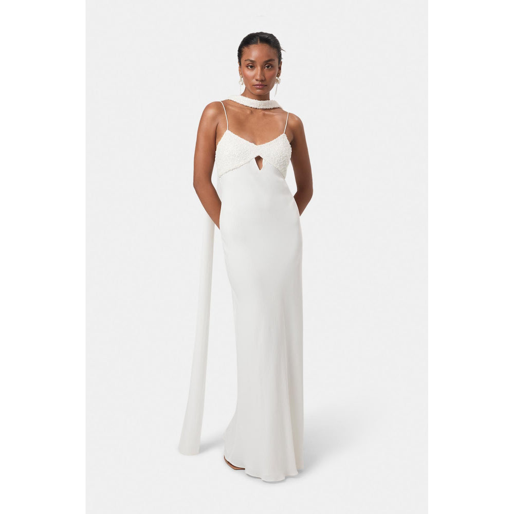 BEYOND Womens Viscose Sequined White Dress With Scarf