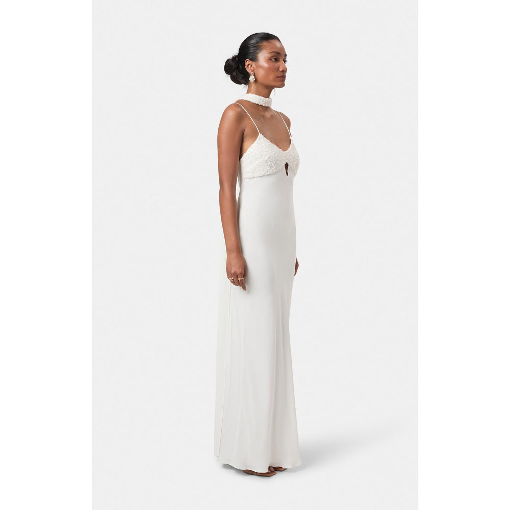 BEYOND Womens Viscose Sequined White Dress With Scarf