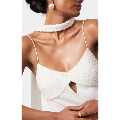 BEYOND Womens Viscose Sequined White Dress With Scarf