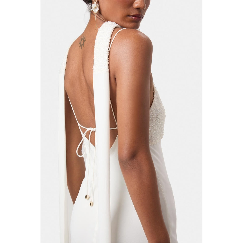 BEYOND Womens Viscose Sequined White Dress With Scarf