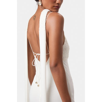 BEYOND Womens Viscose Sequined White Dress With Scarf