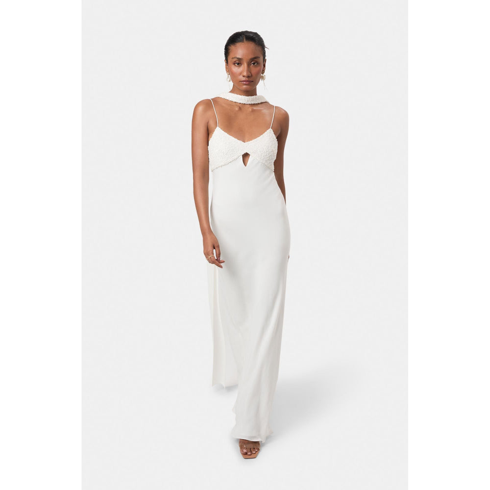 BEYOND Womens Viscose Sequined White Dress With Scarf